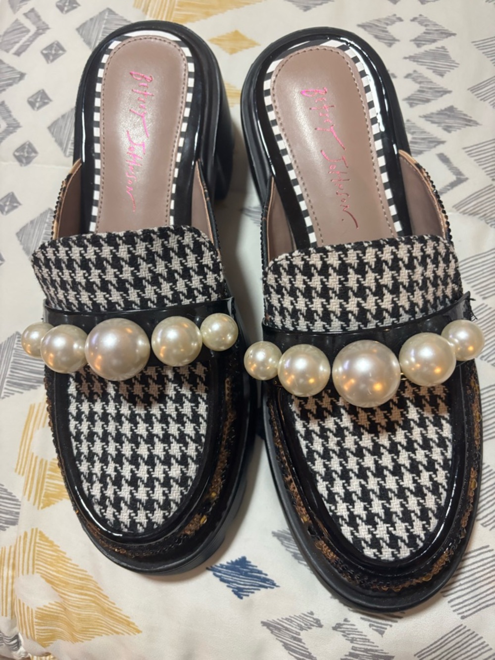 Betsey Johnson Black & White Houndstooth Pearl-Trim Mules. Haizel.